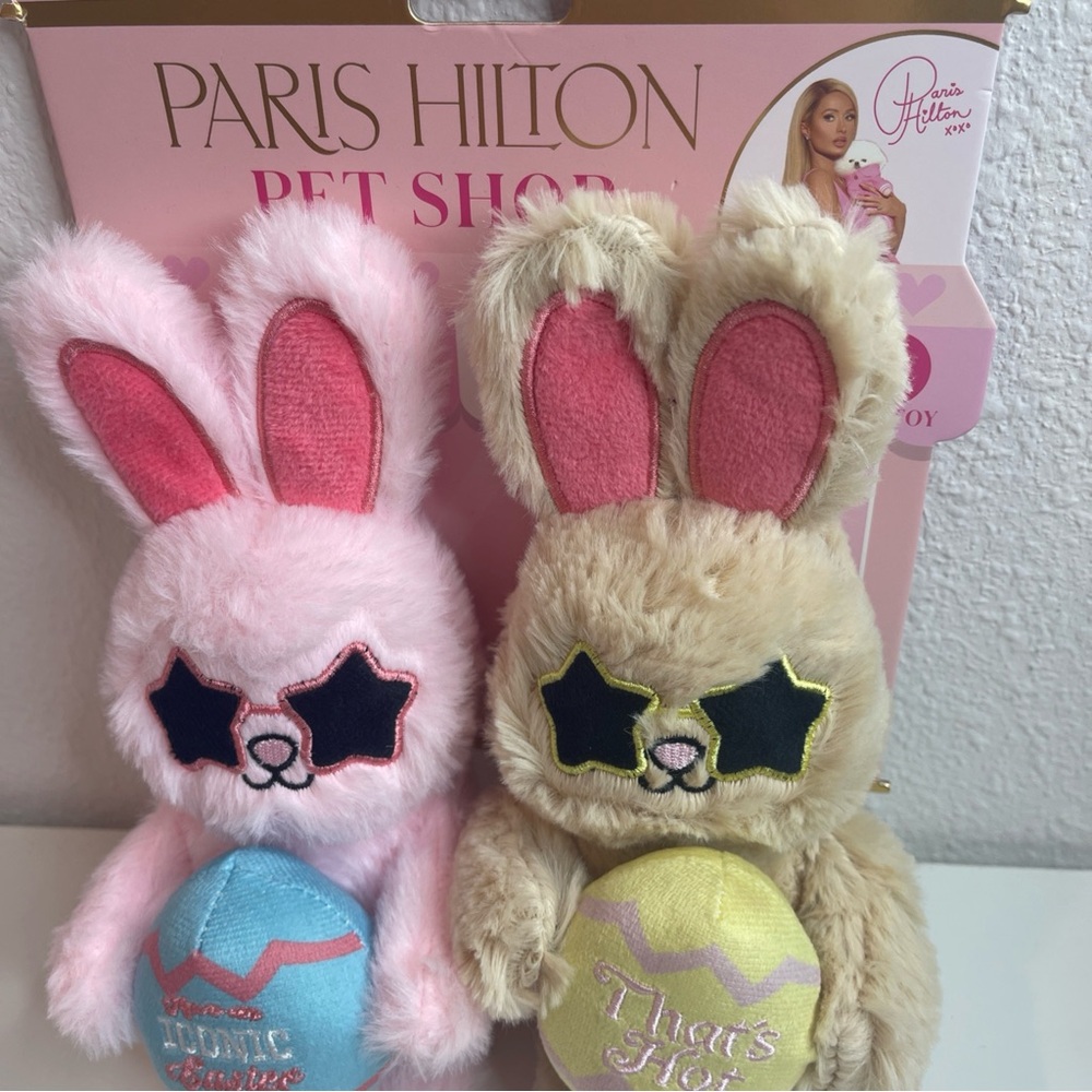Paris Hilton Plush Bunny Duo Toy - Pink & Cream with Blue & Yellow Eggs